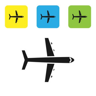 Siyah düzlem simgesi beyaz arka planda yalıtılmış. Uçan uçak simgesi. Airliner işareti. Set simgeleri renkli kare düğmeler. Vektör Illustration