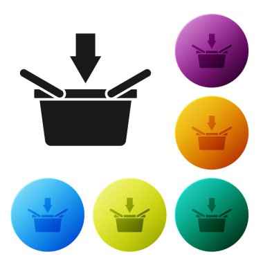 Siyah alışveriş sepeti simgesi beyaz arka planda yalıtılmış. Online satın alma kavramı. Teslimat hizmeti işareti. Alışveriş sepeti sembolü. Simgeler renkli daire düğmelerini ayarlayın. Vektör Illustration