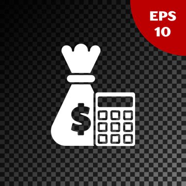 Beyaz hesaplama para çantası simgesi şeffaf koyu arka planda izole. Hesap işareti. Finans sembolünü hesaplayın. Vektör Illustration