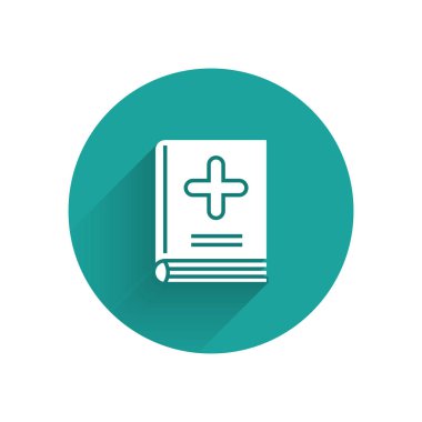 Beyaz tıbbi kitap simgesi uzun gölge ile izole. Yeşil daire düğmesi. Vektör Illustration