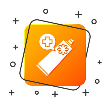 Beyaz merhem krem tüp tıp simgesi beyaz arka planda izole. Tüp, konteyner, diş macunu, krem işareti. Turuncu kare düğmesi. Vektör Illustration