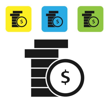 Siyah Coin para dolar sembol simgesi beyaz arka planda izole. Bankacılık para birimi işareti. Nakit sembolü. Set simgeleri renkli kare düğmeler. Vektör Illustration