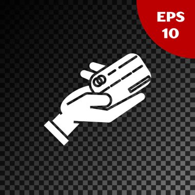 Beyaz ınsan el, şeffaf koyu arka planda izole kredi kartı simgesi ile tutarak. Online ödeme. Kart ile öde. Finansal operasyonlar. Vektör Illustration