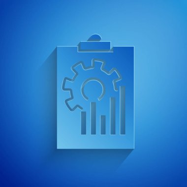 Kağıt kesme Pano mavi arka planda izole grafik grafik simgesi ile. Rapor metin dosyası simgesi. Hesap işareti. Denetim, analiz, planlama. Kağıt sanatı tarzı. Vektör Illustration