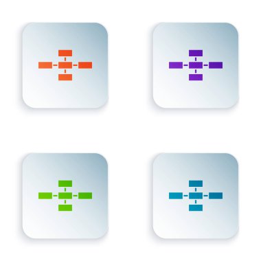 Renk iş hiyerarşisi teşkilat grafik Infographics simgesi beyaz arka planda yalıtılmış. Kurumsal organizasyon yapısı grafik elemanları. Renkli kare düğmeleri simgeleri ayarlayın. Vektör Illustration