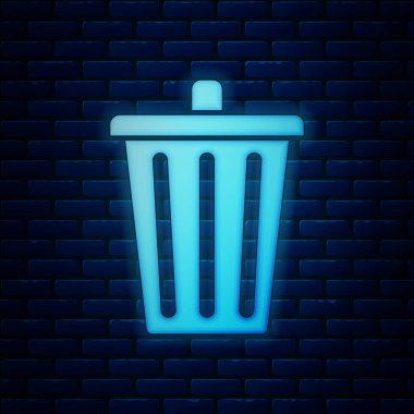 Parlayan neon çöp kutusu simgesi tuğla duvar arka planında izole edildi. Çöp kutusu tabelası. Sepet simgesini geri dönüştür. Ofis çöpü ikonu. Vektör İllüstrasyonu