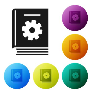 Siyah Kullanıcı manuel simgesi beyaz arka planda yalıtılmış. Kullanım Kılavuzu kitabı. Yönerge işareti. Kullanmadan önce okuyun. Simgeler renkli daire düğmelerini ayarlayın. Vektör Illustration