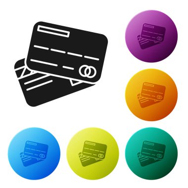 Siyah kredi kartı simgesi beyaz arka planda yalıtılmış. Online ödeme. Nakit para çekme. Finansal operasyonlar. Alışveriş tabelası. Simgeler renkli daire düğmelerini ayarlayın. Vektör Illustration