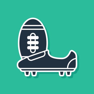 Yeşil arka planda izole mavi futbol veya sivri simgesi ile futbol ayakkabıları. Amerikan futbol botu ve topu. Vektör Illustration