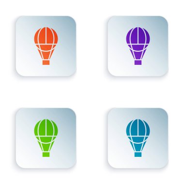 Beyaz arka planda izole renkli sıcak hava balonu simgesi. Seyahat için hava taşımacılığı. Renkli kare düğmeleri simgeleri ayarlayın. Vektör Illustration
