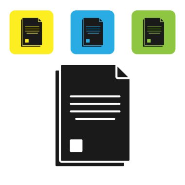 Siyah dosya belge simgesi beyaz arka planda yalıtılmış. Kontrol listesi simgesi. İş konsepti. Set simgeleri renkli kare düğmeler. Vektör Illustration