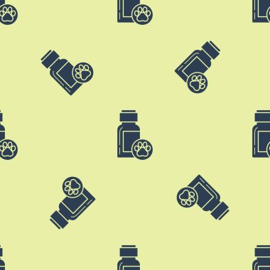 Mavi köpek tıp şişe simge izole Dikişsiz desen beyaz arka plan üzerinde. Hap ile konteyner. Hayvan için reçete ilacı. Vektör Illustration