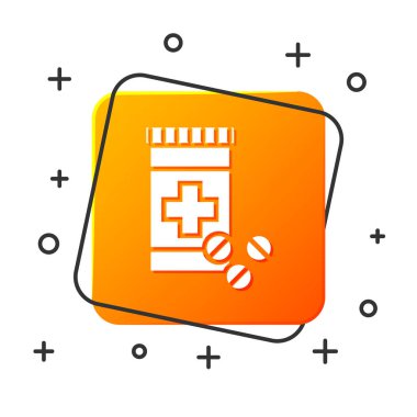 Beyaz tıp şişe ve hap simgesi beyaz arka planda izole. Şişe hap işareti. Eczane tasarımı. Turuncu kare düğmesi. Vektör Illustration