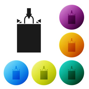 Siyah Kağıt alışveriş çantası simgesi beyaz arka planda izole. Paket işareti. Simgeler renkli daire düğmelerini ayarlayın. Vektör Illustration