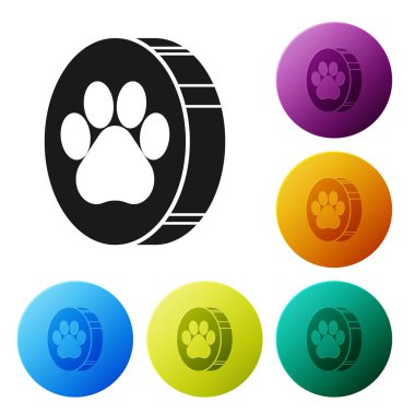 Siyah Paw baskı simgesi beyaz arka planda izole. Köpek veya kedi pençe baskı. Hayvan parkuru. Simgeler renkli daire düğmelerini ayarlayın. Vektör Illustration