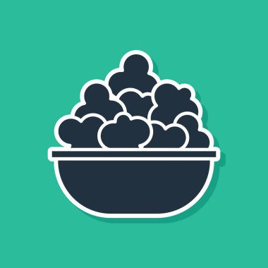 Mavi Popcorn kase simgesi yeşil arka planda izole. Patlamış mısır kutusu. Vektör Illustration