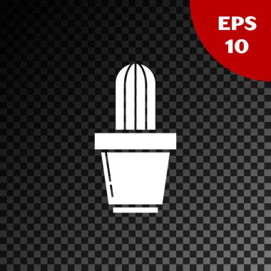 Beyaz kaktüs ve pot simgesi şeffaf koyu arka planda izole etli. Bitki bir tencerede büyüyor. Potted bitki işareti. Vektör Illustration