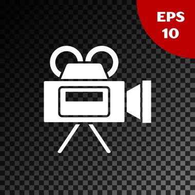 Beyaz sinema kamera simgesi şeffaf koyu arka planda izole. Video kamera. Film işareti. Film projektörü. Vektör Illustration