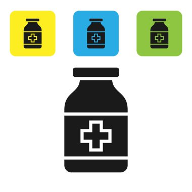 Siyah tıp şişe simgesi beyaz arka planda izole. Şişe hap işareti. Eczane tasarımı. Set simgeleri renkli kare düğmeler. Vektör Illustration