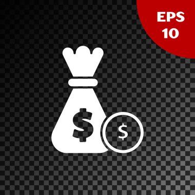 Beyaz para çantası ve jeton simgesi şeffaf koyu arka planda izole. Dolar veya USD sembolü. Nakit bankacılık para birimi işareti. Vektör Illustration