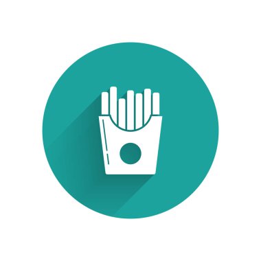 Kutu ikonunda uzun gölgeli beyaz patates kızartması. Fast food menüsü. Yeşil daire düğmesi. Vektör İllüstrasyonu