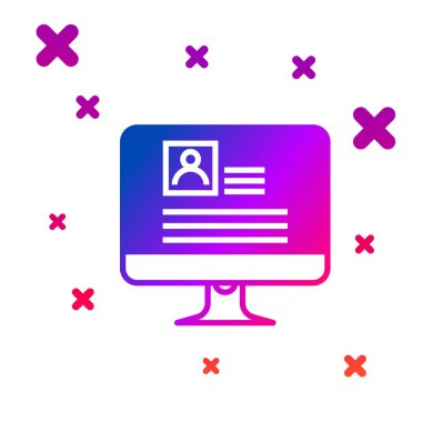 Beyaz arka planda izole devam simgesi ile renk bilgisayar monitörü. CV uygulaması. Profesyonel personel aranıyor. Personel Analizi devam ediyor. Degrade rasgele dinamik şekiller. Vektör Illustration