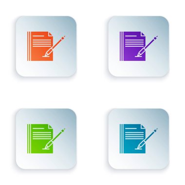 Beyaz arka planda yalıtılmış renk boş Notebook ve kalem simgesi. Kağıt ve kalem. Renkli kare düğmeleri simgeleri ayarlayın. Vektör Illustration