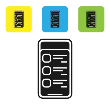 Siyah online alışveriş cep telefonu simgesi beyaz arka planda izole. Online satın alma. Internet Mağazası, mobil mağaza uygulaması ve ödemeler faturalandırması. Set simgeleri renkli kare düğmeler. Vektör Illustration
