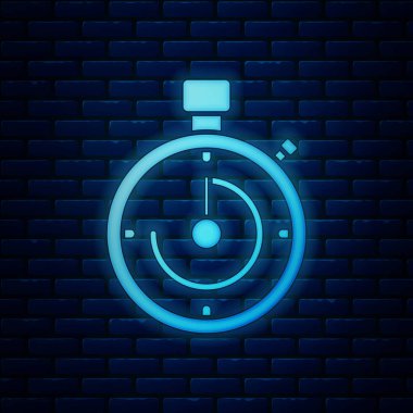 Parlayan neon çanta simgesi tuğla duvar arkasında izole edildi. İş ilanı. İş portföyü. Vektör İllüstrasyonu