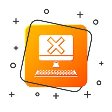 Beyaz bilgisayar klavye ve x işareti simgesi beyaz arka planda yalıtılmış. Hata penceresi, çıkış düğmesi, iptal, 404 hata sayfası kavramı bulunamadı. Turuncu kare düğmesi. Vektör Illustration