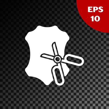 Beyaz makas ve şeffaf koyu arka planda izole deri simgesi. Özel sembol. Kesme aleti işareti. Vektör Illustration