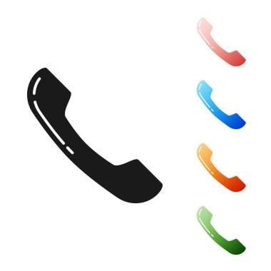 Siyah telefon ahize simgesi beyaz arka planda yalıtılmış. Telefon tabelası. Simgeler renkli ayarlayın. Vektör Illustration