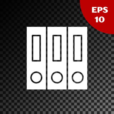 Kağıt ve belge simgesi ile beyaz ofis klasörleri şeffaf koyu arka planda izole. Ofis bağlayıcıları. Arşiv klasör işareti. Vektör Illustration