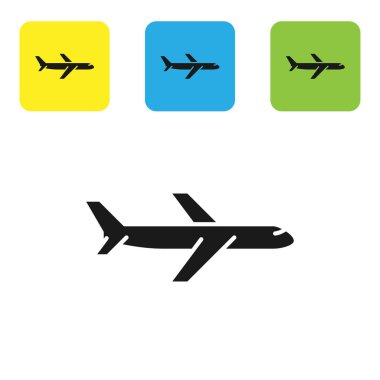 Siyah düzlem simgesi beyaz arka planda yalıtılmış. Uçan uçak simgesi. Airliner işareti. Set simgeleri renkli kare düğmeler. Vektör Illustration