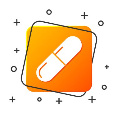 Beyaz tıp hap veya Tablet simgesi beyaz arka planda izole. Kapsül hap ve uyuşturucu işareti. Eczane tasarımı. Turuncu kare düğmesi. Vektör Illustration