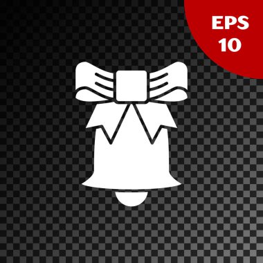 Beyaz zil sesi simgesi şeffaf koyu arka planda izole. Alarm sembolü, servis zili, el zili işareti, bildirim sembolü. Vektör Illustration