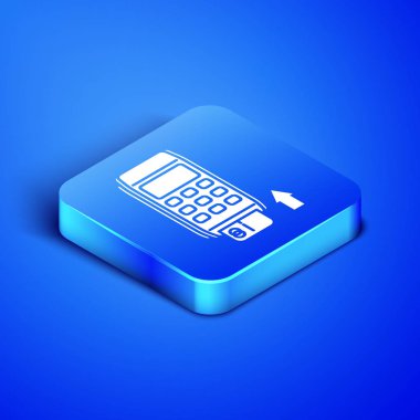 Takılı kredi kartı simgesi olan izometrik POS terminali mavi arka planda yalıtılmış. Ödeme terminali hareketi. Kart ile öde. Mavi kare düğmesi. Vektör Illustration