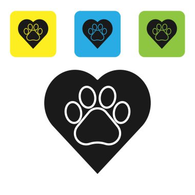 Siyah kalp hayvan ayak izi simgesi beyaz arka planda izole. Kalp hayvan pençe. Hayvanlarla aşk. Set simgeleri renkli kare düğmeler. Vektör Illustration