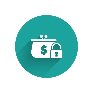 Beyaz kapalı cüzdan uzun gölge ile yalıtılmış kilit simgesi. Kilitli cüzdan. Güvenlik, emniyet, koruma konsepti. Güvenli ödeme kavramı. Yeşil daire düğmesi. Vektör Illustration