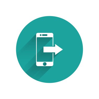 Beyaz akıllı telefon, cep telefonu ikonu uzun gölgeli. Yeşil daire düğmesi. Vektör İllüstrasyonu