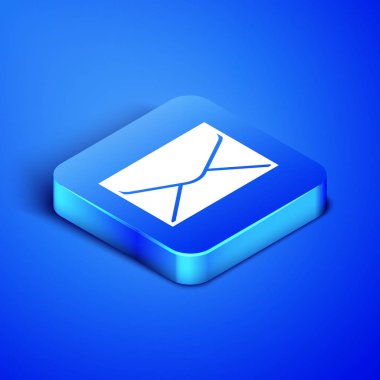 Mavi arka planda yalıtılmış izometrik zarf simgesi. E-posta iletisi harfi sembolü. Mavi kare düğmesi. Vektör Illustration
