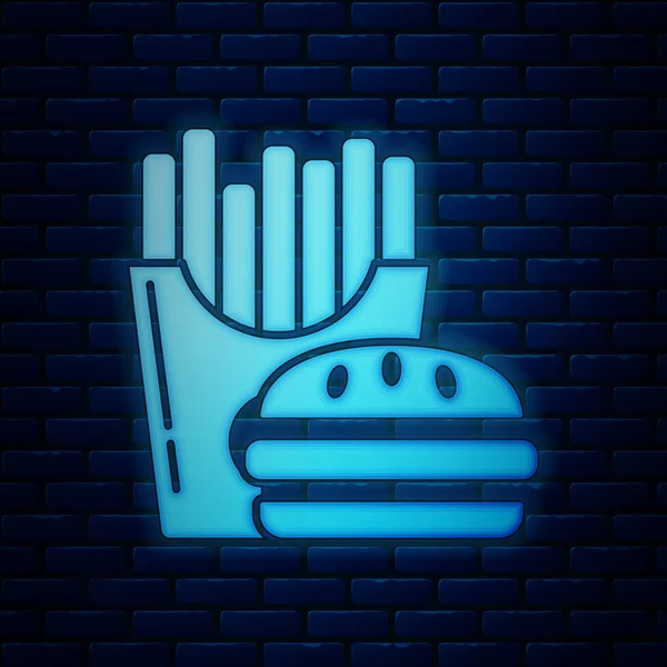 Светящийся неоновый бургер и картофель фри в коробке коробки значок изолированы на фоне кирпичной стены. Гамбургер, бургер, чизбургер. Меню быстрого питания. Векторная миграция — стоковый вектор