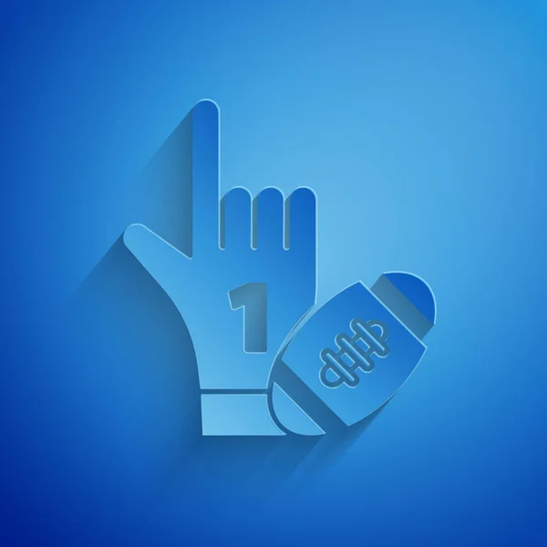 Paper cut Number 1 one fan hand glove with finger raised and american football ball icon isolated on blue background. Set of sport equipment. Paper art style. Vector Illustration