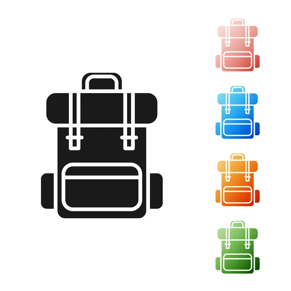 Schwarzes Wanderrucksack-Symbol isoliert auf weißem Hintergrund. Camping- und Bergwanderrucksack. setzen Symbole bunt. Vektorillustration — Stockvektor