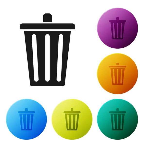 Black Trash can icon isolated on white background. Garbage bin sign. Recycle basket icon. Office trash icon. Set icons colorful circle buttons. Vector Illustration — Stock Vector