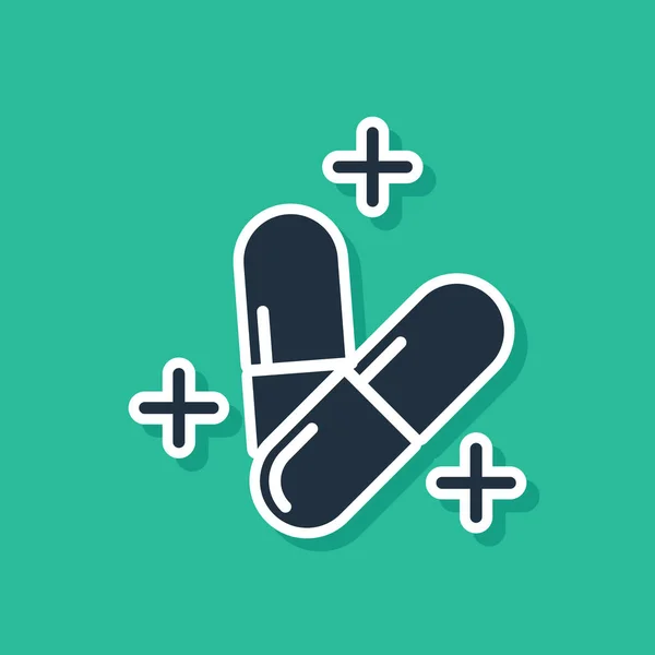 Blue Medicine pill or tablet icon isolated on green background. Capsule pill and drug sign. Pharmacy design. Vector Illustration — Stock Vector