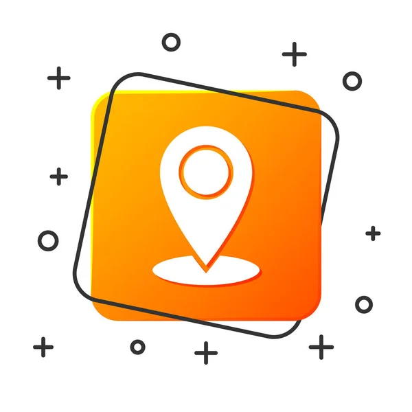 Icono de pin Mapa blanco aislado sobre fondo blanco. Navegación, puntero, ubicación, mapa, GPS, dirección, lugar, brújula, contacto, concepto de búsqueda. Botón cuadrado naranja. Ilustración vectorial — Vector de stock