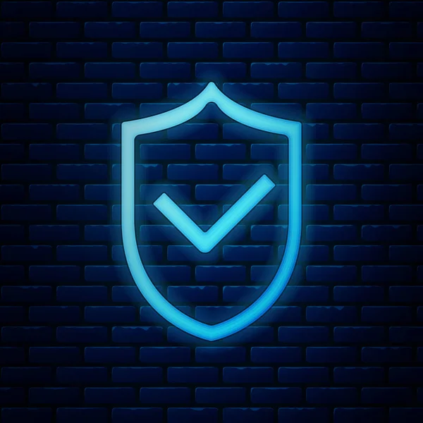 Glowing neon Shield with check mark icon isolated on brick wall background. Protection symbol. Security check Icon. Tick mark approved icon. Vector Illustration — Stock Vector