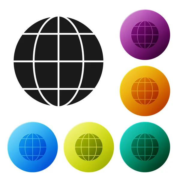 Black Earth globe icon isolated on white background. World or Earth sign. Global internet symbol. Geometric shapes. Set icons colorful circle buttons. Vector Illustration — Stock Vector