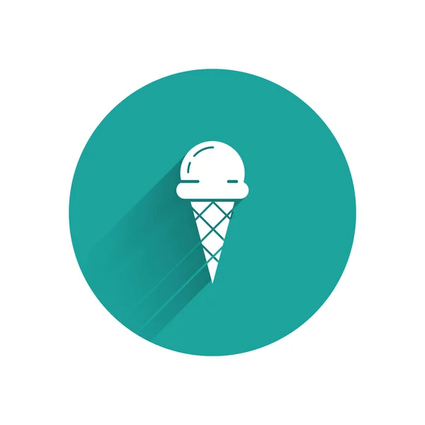 White Ice cream in waffle cone icon isolated with long shadow. Sweet symbol. Green circle button. Vector Illustration — Stock Vector